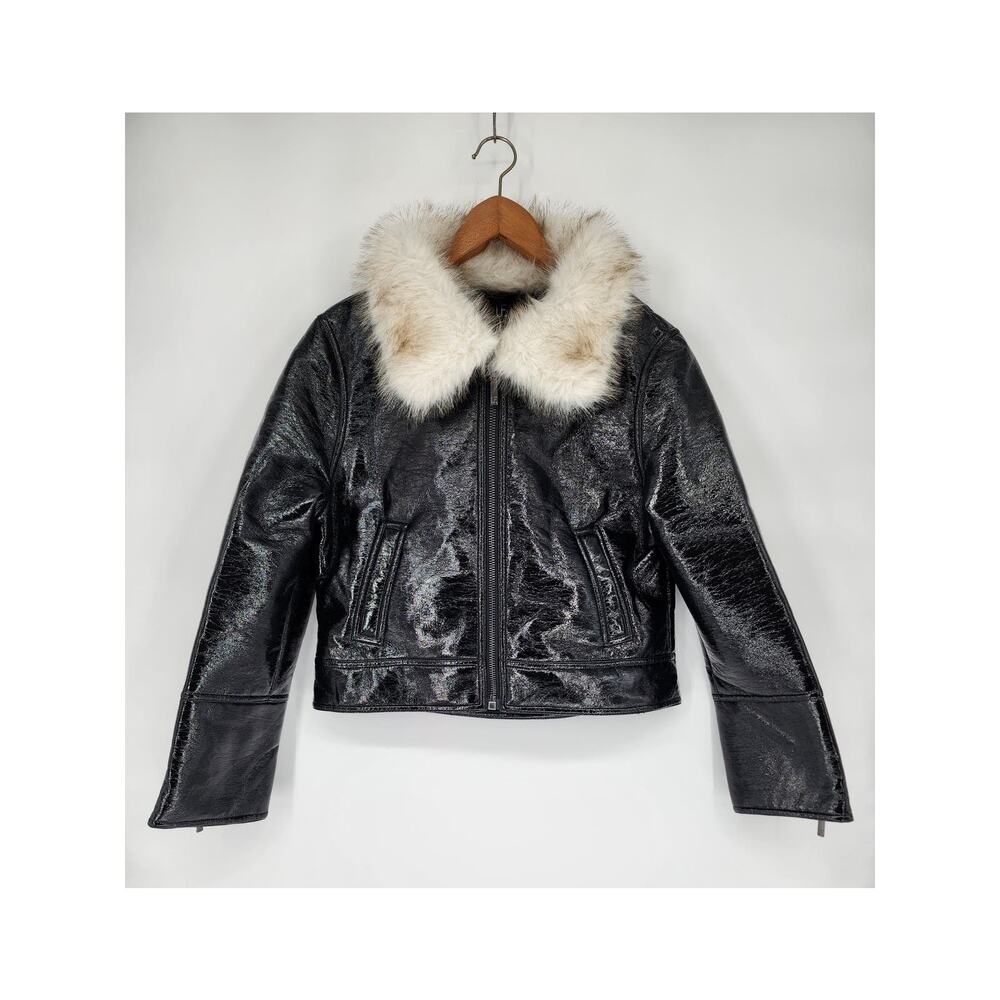 Unreal Fur Wet Look Aviator Jacket in Black XS